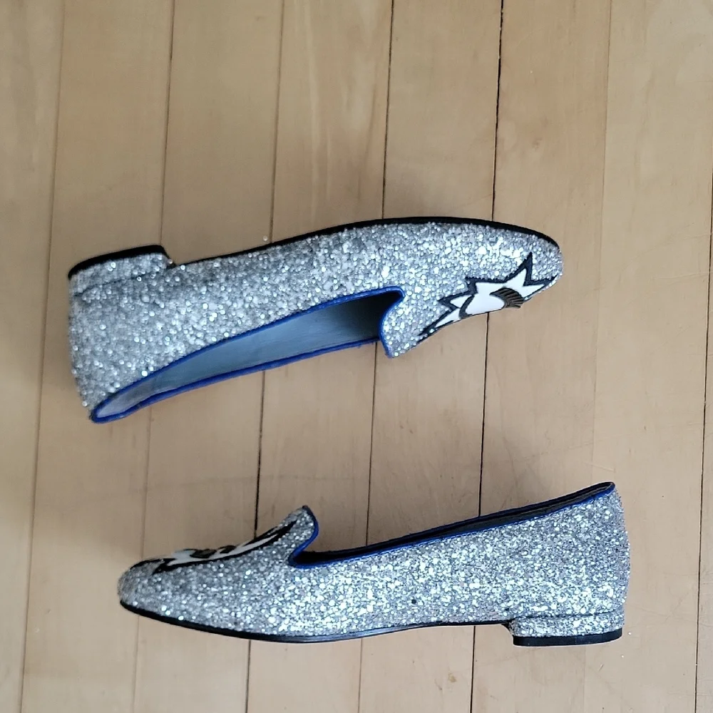 Chiara Ferragni Silver Glitter Flirting Eye Eyelash Flat Loafers - 36
